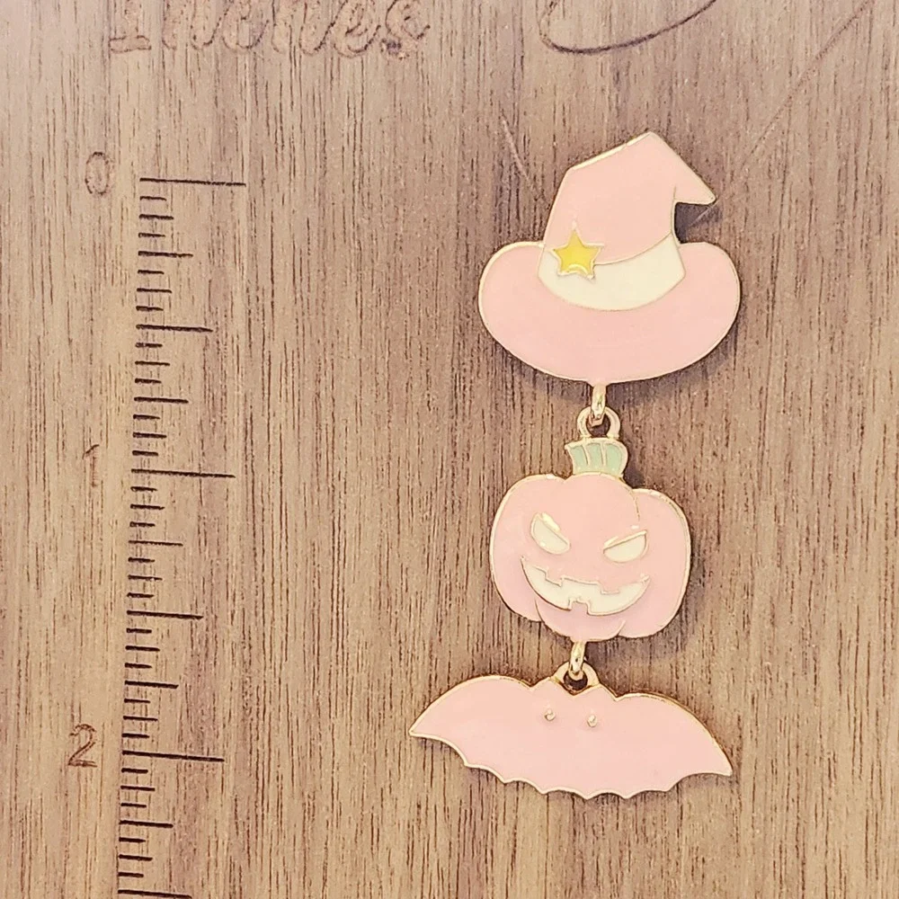 Pink Halloween Enamel Dangle Earrings Witch Hat‎ Pumpkin Bat Pastel Goth Spooky